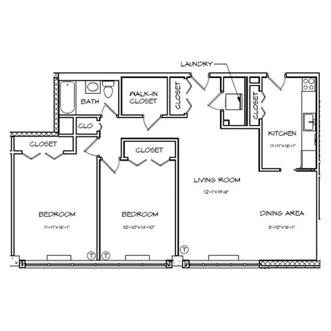 Floor plan for 2 beds, 1 bath, 1111 sqft